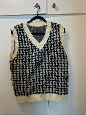 Classic Black & White Houndstooth V-Neck Sweater Vest